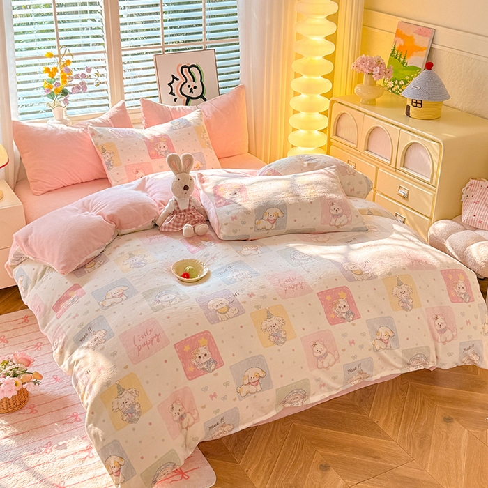 91家纺网 家纺一手货源 找家纺 九诺家纺 2025秋冬新款牛奶绒床单四件套【圆角吊边花边床单】 萌宠之家