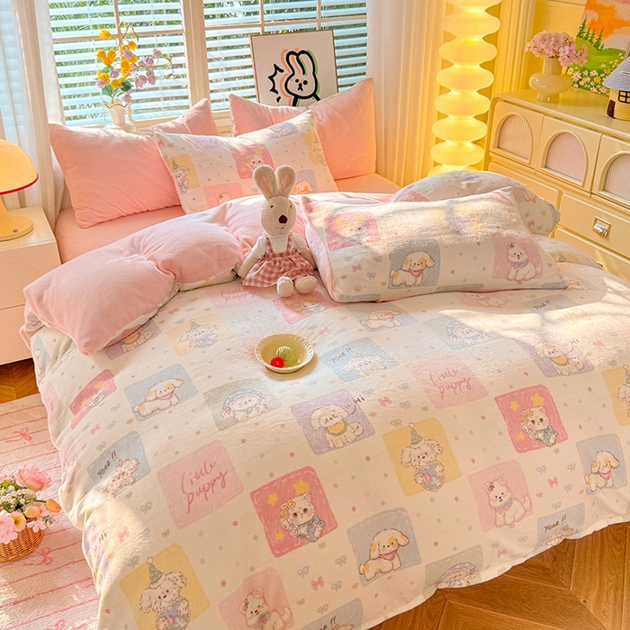 91家纺网 家纺一手货源 找家纺 九诺家纺 2025秋冬新款牛奶绒床单四件套【圆角吊边花边床单】 萌宠之家