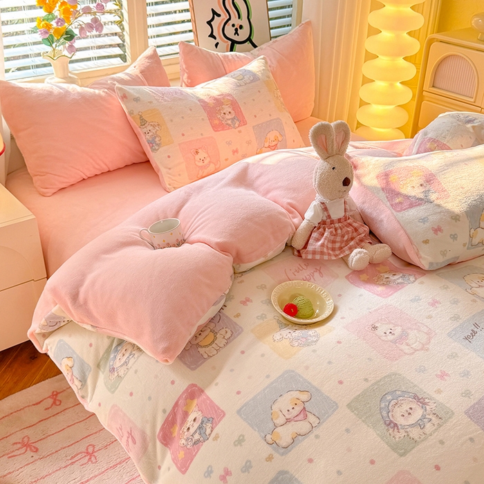 91家纺网 家纺一手货源 找家纺 九诺家纺 2025秋冬新款牛奶绒床单四件套【圆角吊边花边床单】 萌宠之家