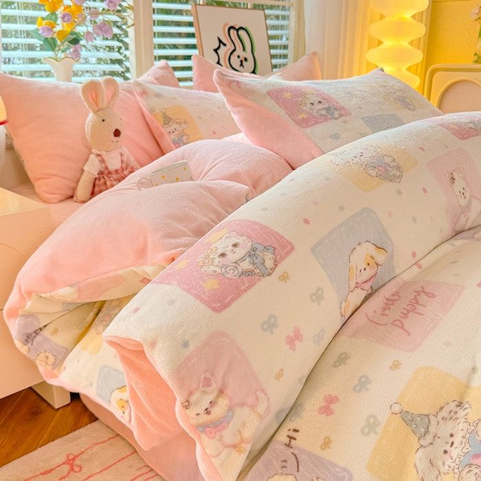 91家纺网 家纺一手货源 找家纺 九诺家纺 2025秋冬新款牛奶绒床单四件套【圆角吊边花边床单】 萌宠之家