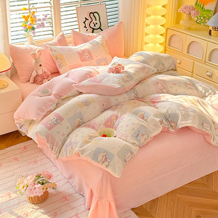 91家纺网 家纺一手货源 找家纺 九诺家纺 2025秋冬新款牛奶绒床单四件套【圆角吊边花边床单】 萌宠之家