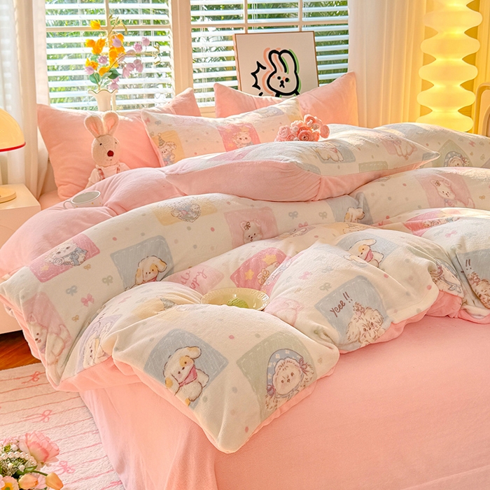 91家纺网 家纺一手货源 找家纺 九诺家纺 2025秋冬新款牛奶绒床单四件套【圆角吊边花边床单】 萌宠之家