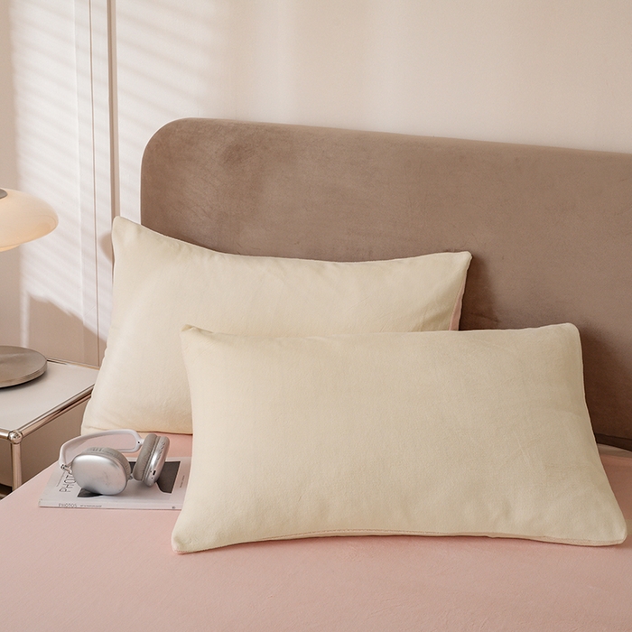 91家纺网 家纺一手货源 找家纺 大元 2025新款A类高克重素色双拼牛奶绒四件套 米白-桃粉