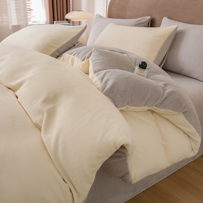 大元 2025新款A类高克重素色双拼牛奶绒四件套 米白-米灰