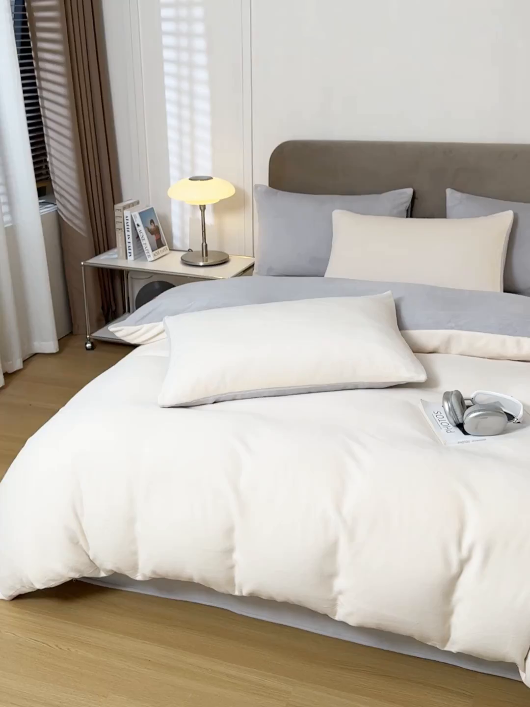 91家纺网 家纺一手货源 找家纺 大元 2025新款A类高克重素色双拼牛奶绒四件套 米白-米灰