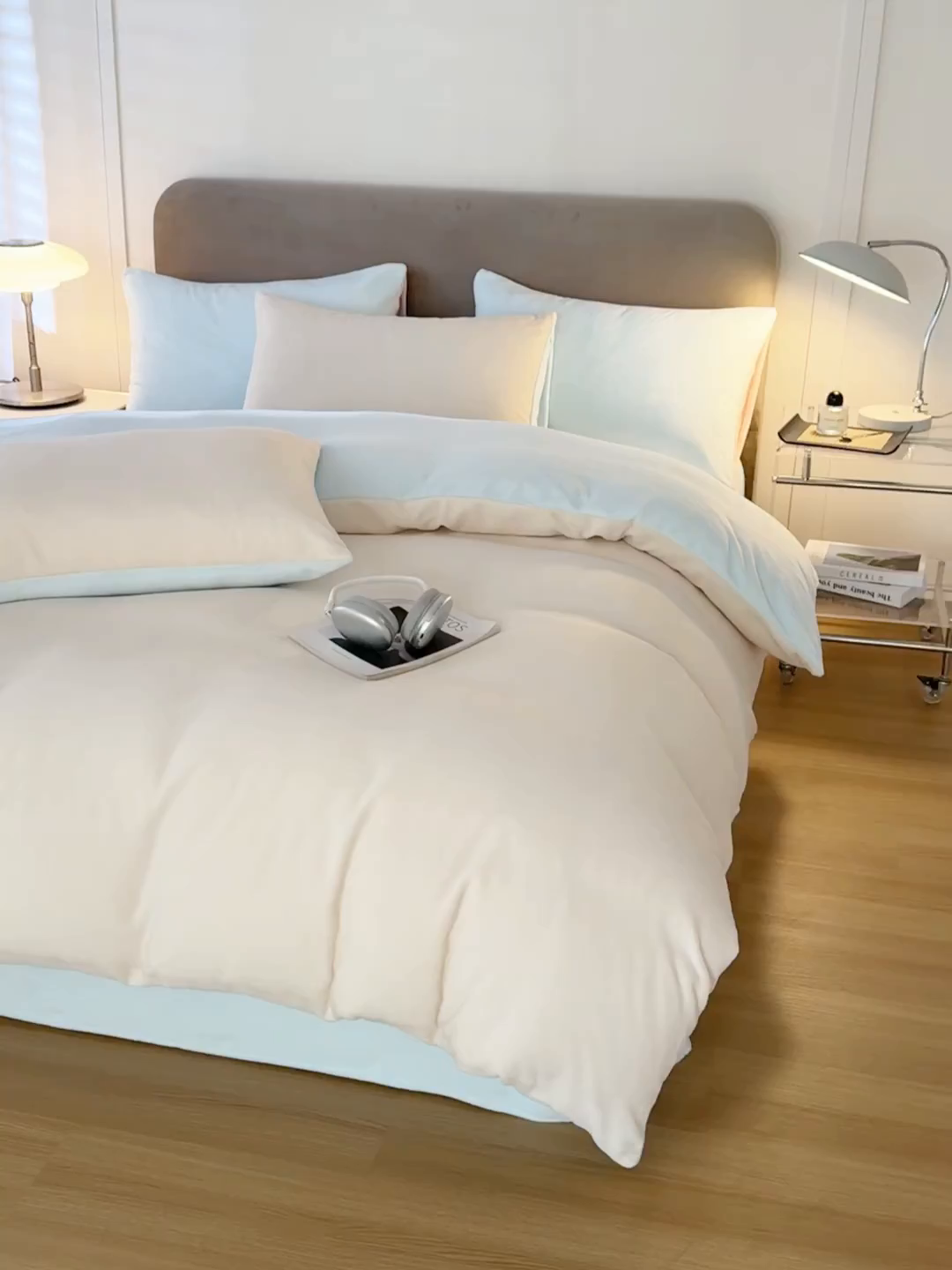91家纺网 家纺一手货源 找家纺 大元 2025新款A类高克重素色双拼牛奶绒四件套 米白-浅蓝
