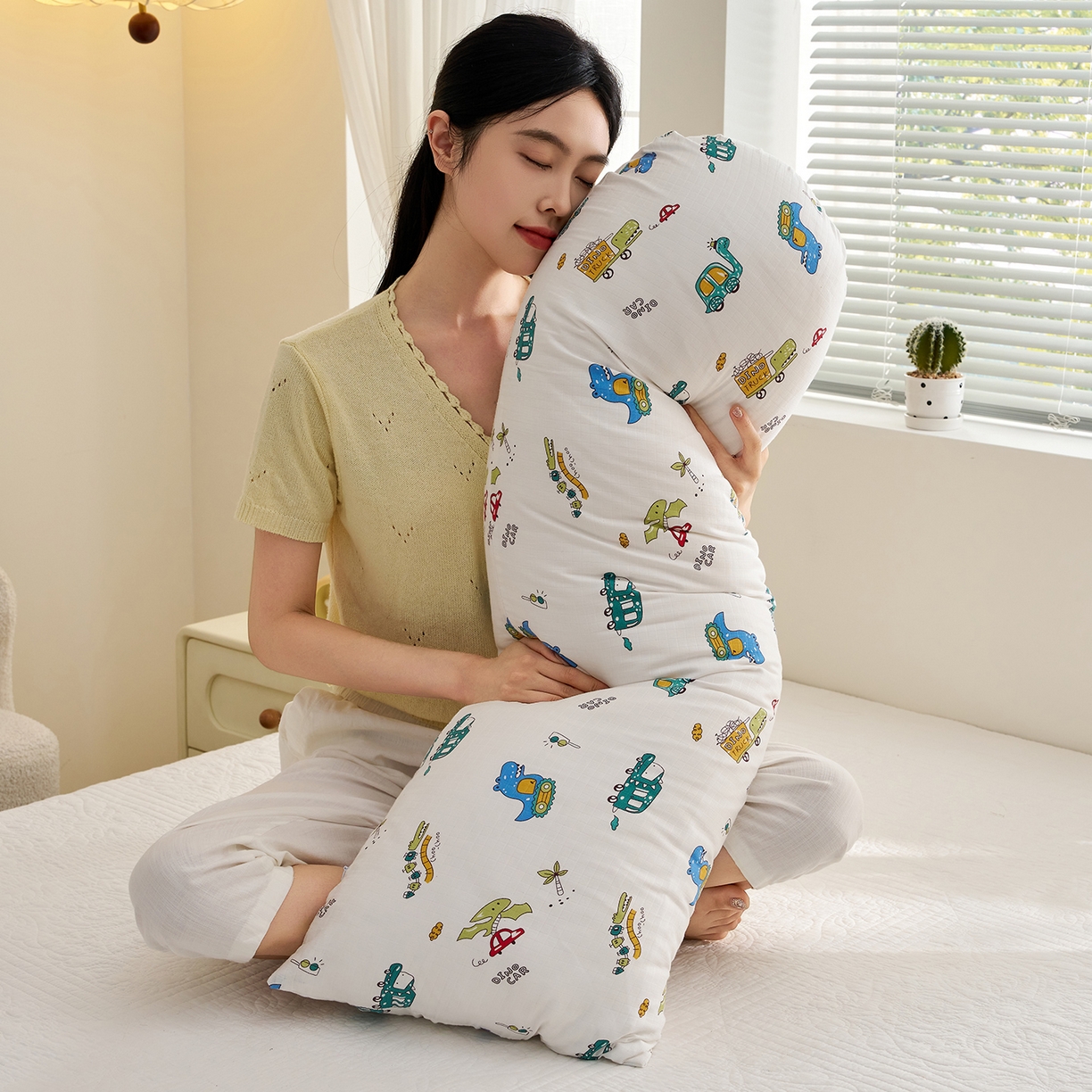 乐可 2025新款全棉纯棉双层纱抱枕 全棉双层纱抱枕-BC1恐龙战车白