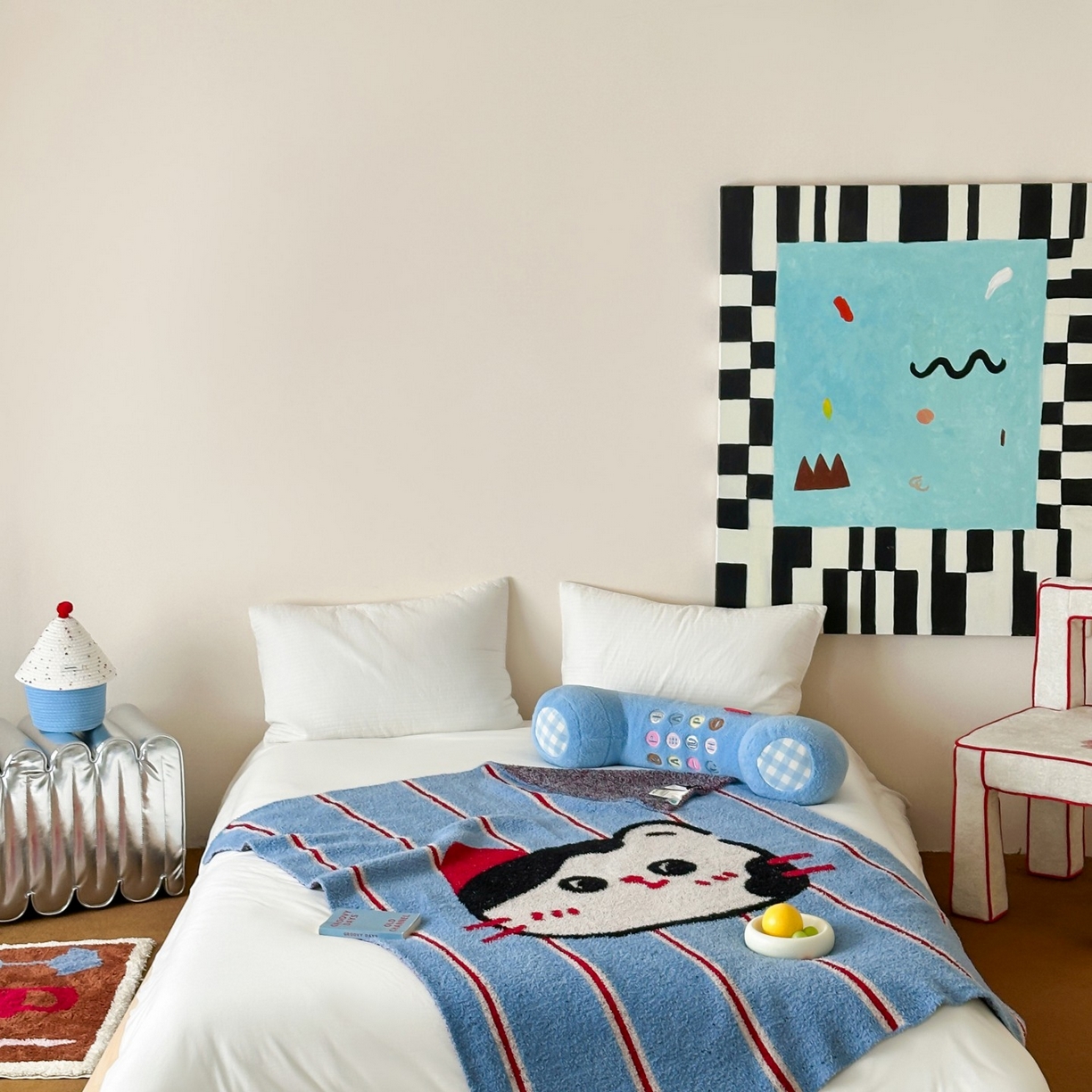 91家纺网 家纺一手货源 找家纺 觅糖家纺 2025新款卡通半边绒毛毯毯子系列 蓝条纹猫