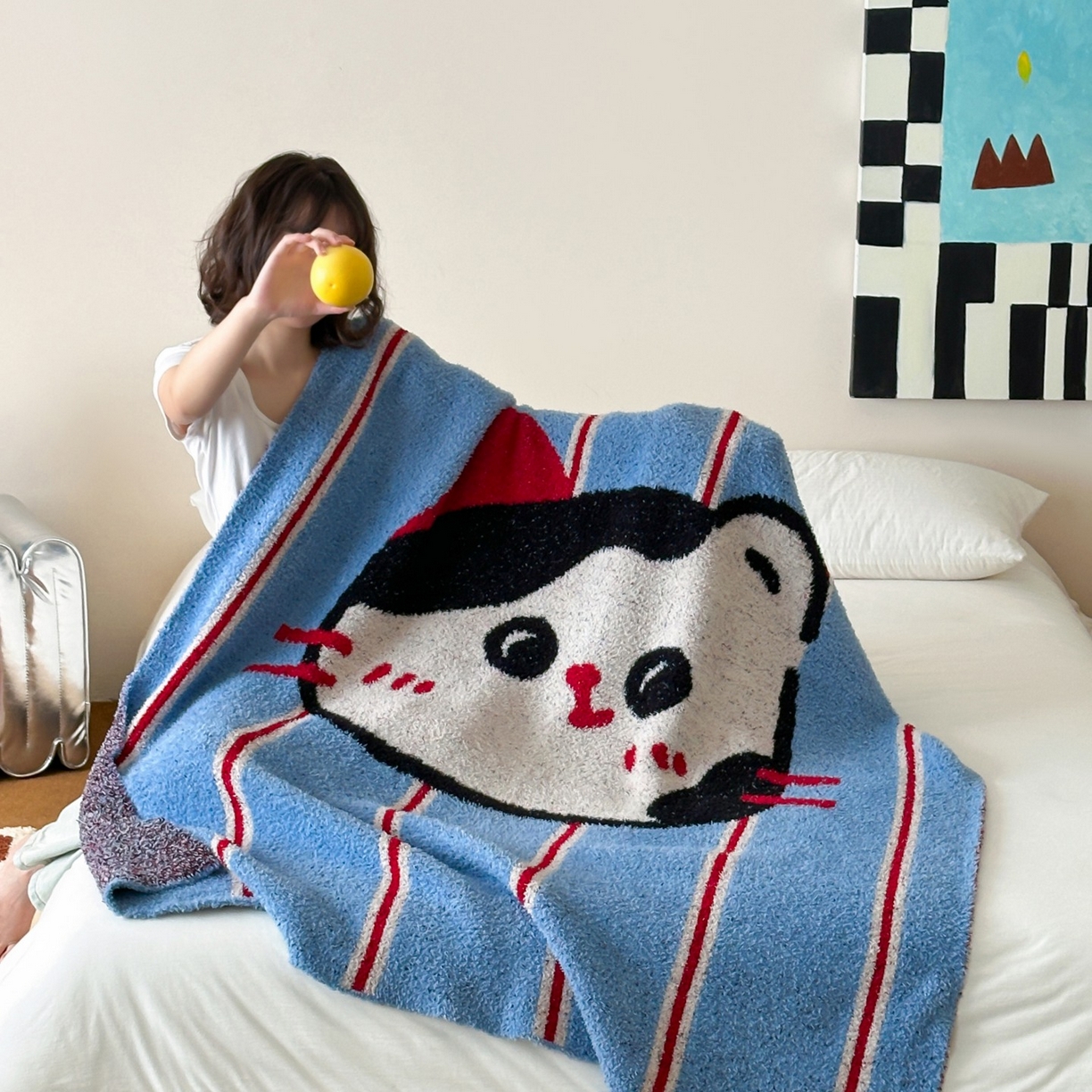 觅糖家纺 2025新款卡通半边绒毛毯毯子系列 蓝条纹猫
