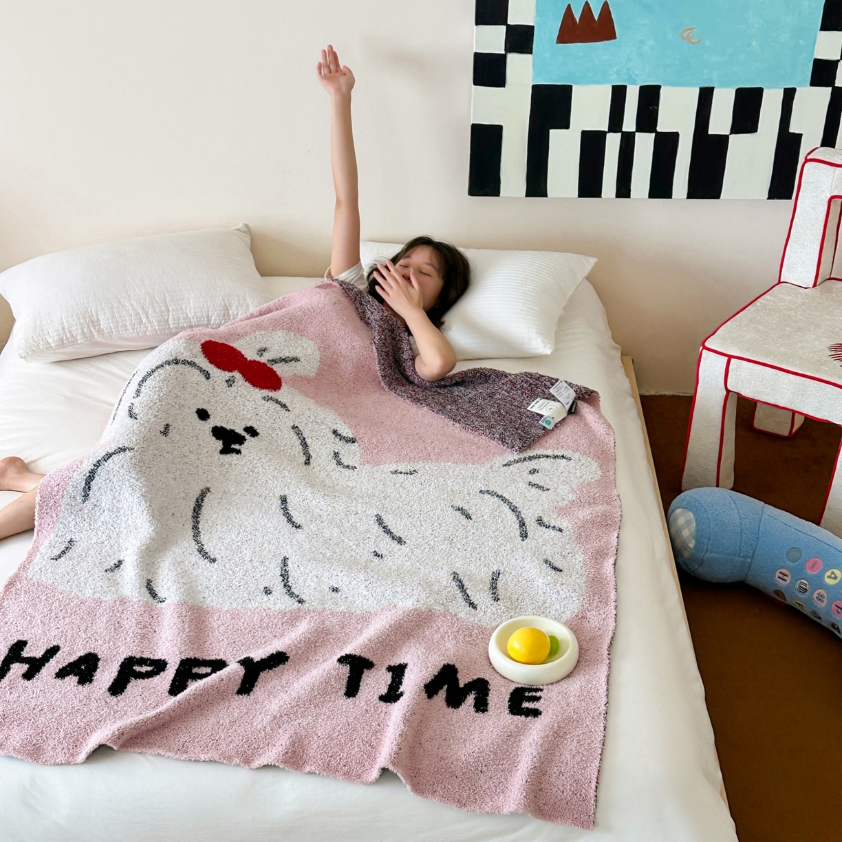 91家纺网 家纺一手货源 找家纺 觅糖家纺 2025新款卡通半边绒毛毯毯子系列 粉色泡芙