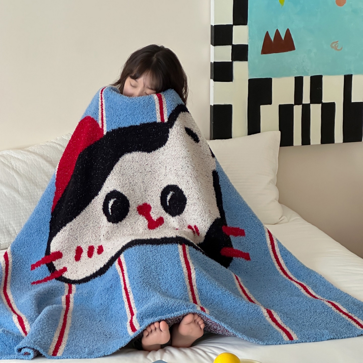 91家纺网 家纺一手货源 找家纺 觅糖家纺 2025新款卡通半边绒毛毯毯子系列 蓝条纹猫