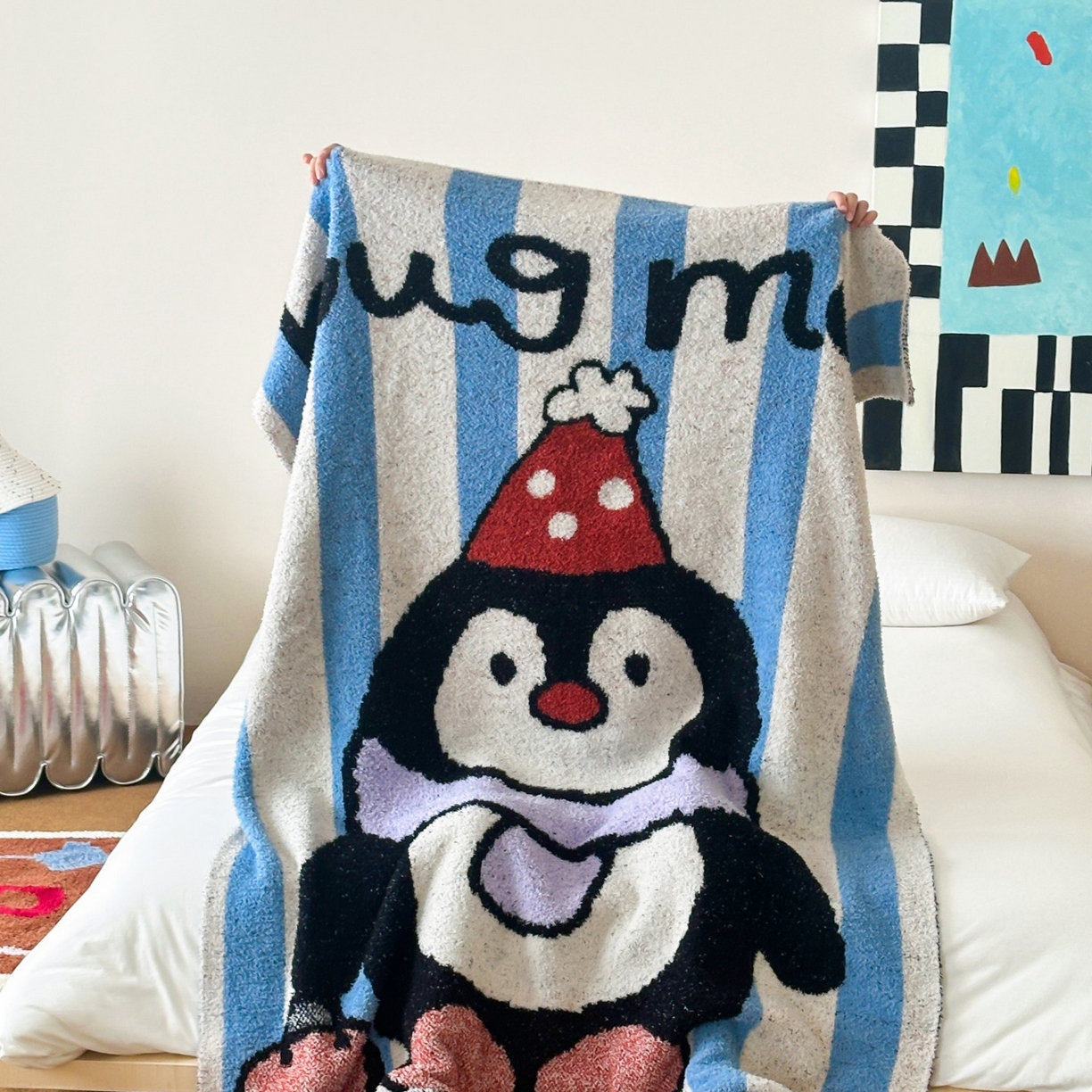 91家纺网 家纺一手货源 找家纺 觅糖家纺 2025新款卡通半边绒毛毯毯子系列 快乐企鹅