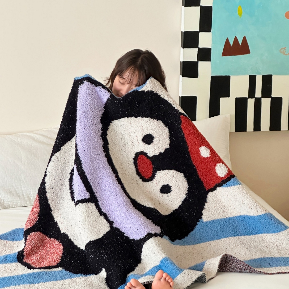 91家纺网 家纺一手货源 找家纺 觅糖家纺 2025新款卡通半边绒毛毯毯子系列 快乐企鹅