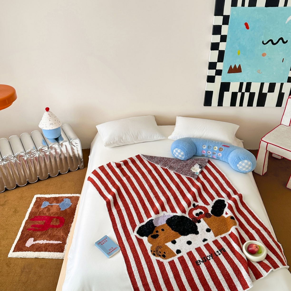 91家纺网 家纺一手货源 找家纺 觅糖家纺 2025新款卡通半边绒毛毯毯子系列 条纹小狗