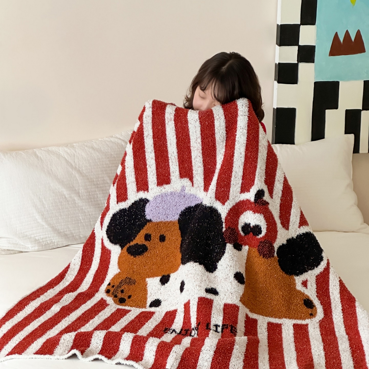 91家纺网 家纺一手货源 找家纺 觅糖家纺 2025新款卡通半边绒毛毯毯子系列 条纹小狗