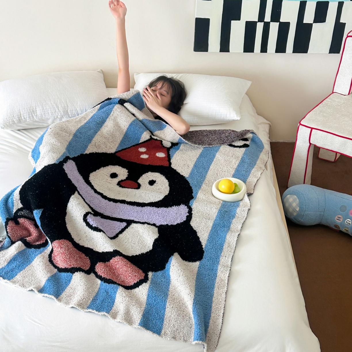 91家纺网 家纺一手货源 找家纺 觅糖家纺 2025新款卡通半边绒毛毯毯子系列 快乐企鹅