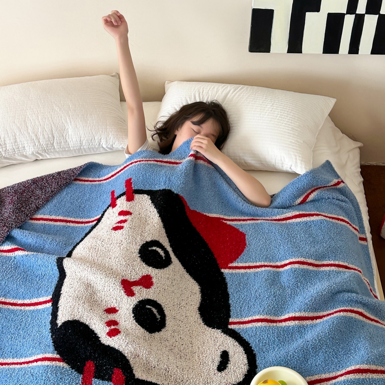 91家纺网 家纺一手货源 找家纺 觅糖家纺 2025新款卡通半边绒毛毯毯子系列 蓝条纹猫