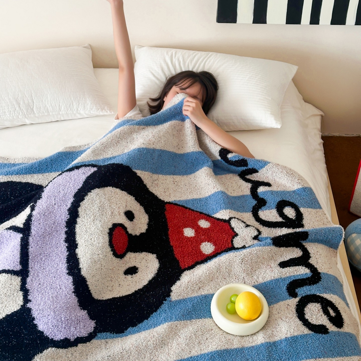 91家纺网 家纺一手货源 找家纺 觅糖家纺 2025新款卡通半边绒毛毯毯子系列 快乐企鹅