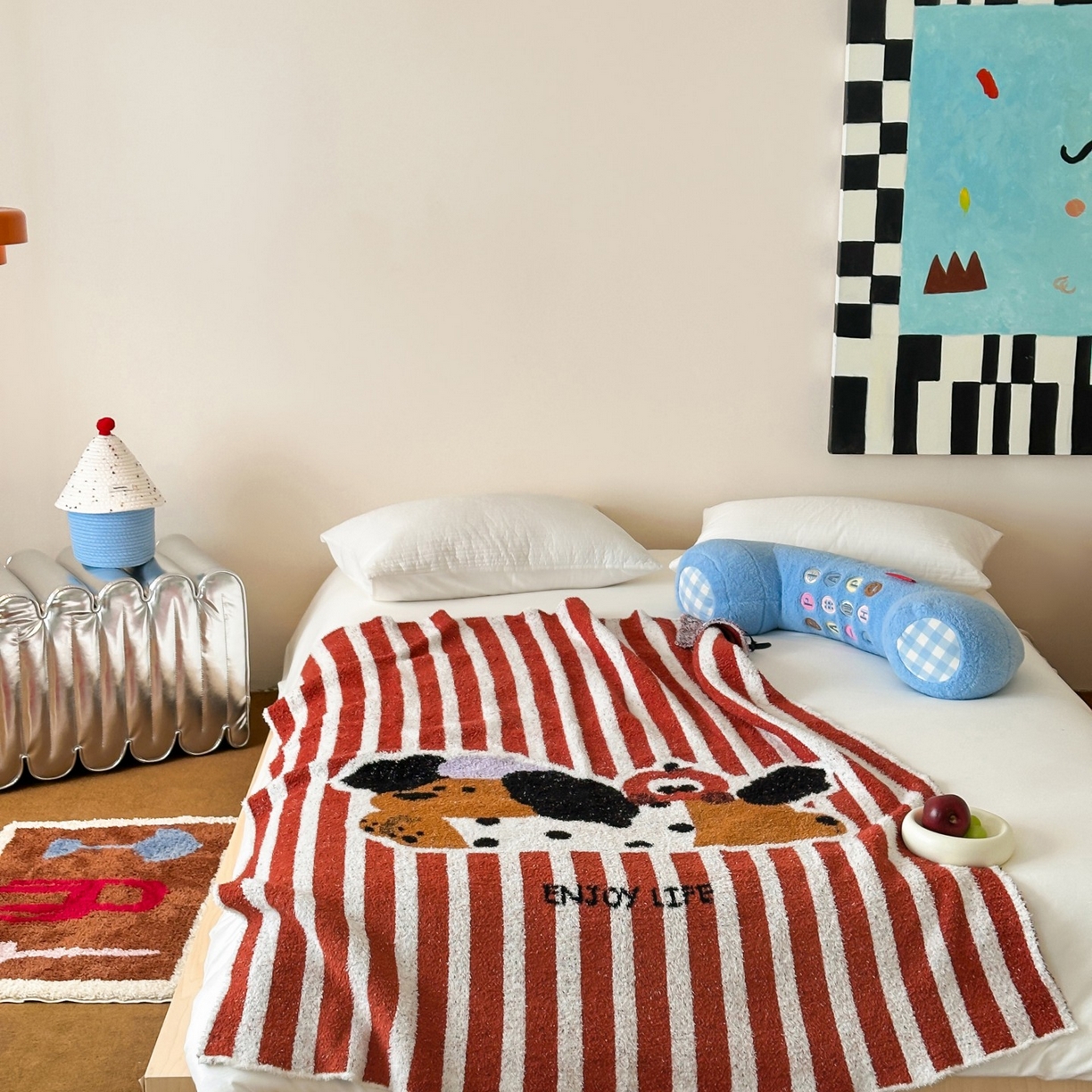 91家纺网 家纺一手货源 找家纺 觅糖家纺 2025新款卡通半边绒毛毯毯子系列 条纹小狗