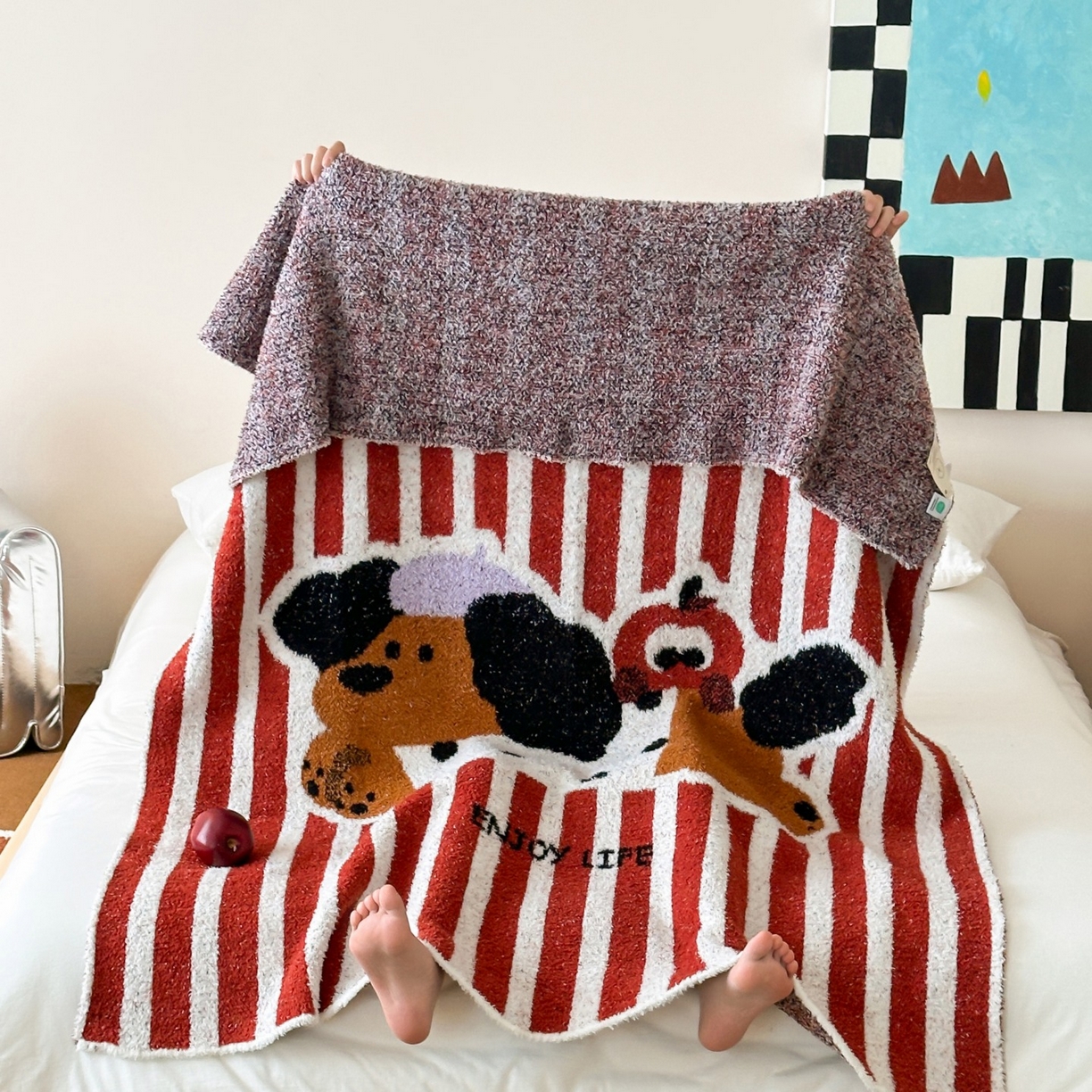 91家纺网 家纺一手货源 找家纺 觅糖家纺 2025新款卡通半边绒毛毯毯子系列 条纹小狗