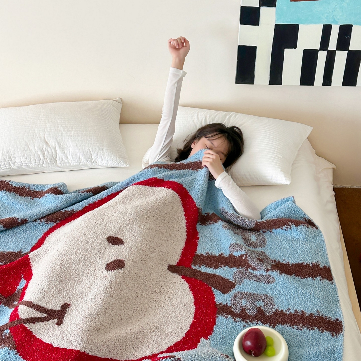 91家纺网 家纺一手货源 找家纺 觅糖家纺 2025新款卡通半边绒毛毯毯子系列 樱桃苹果