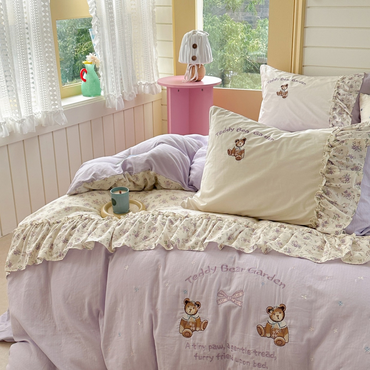 91家纺网 家纺一手货源 找家纺 觅糖家纺 2025新款双层纱刺绣花边四件套系列 花园小熊