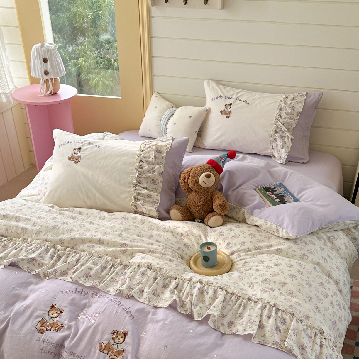 觅糖家纺 2025新款双层纱刺绣花边四件套系列 花园小熊
