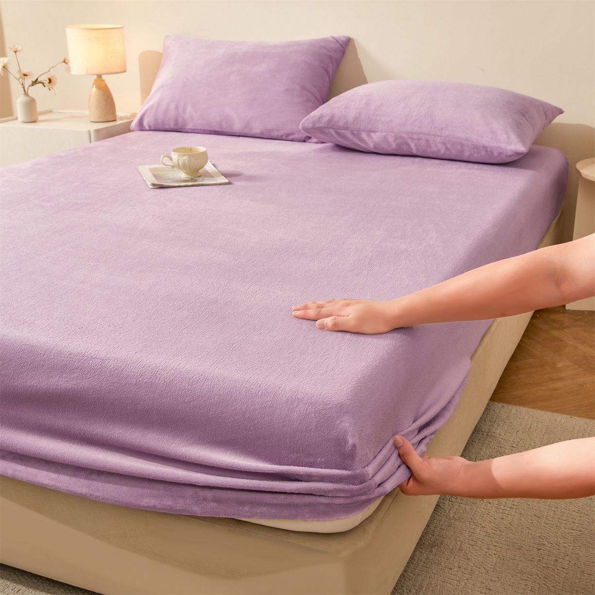 91家纺网 家纺一手货源 找家纺 优眠坊 2025新款单层高克重牛奶绒纯色床笠 兰花紫