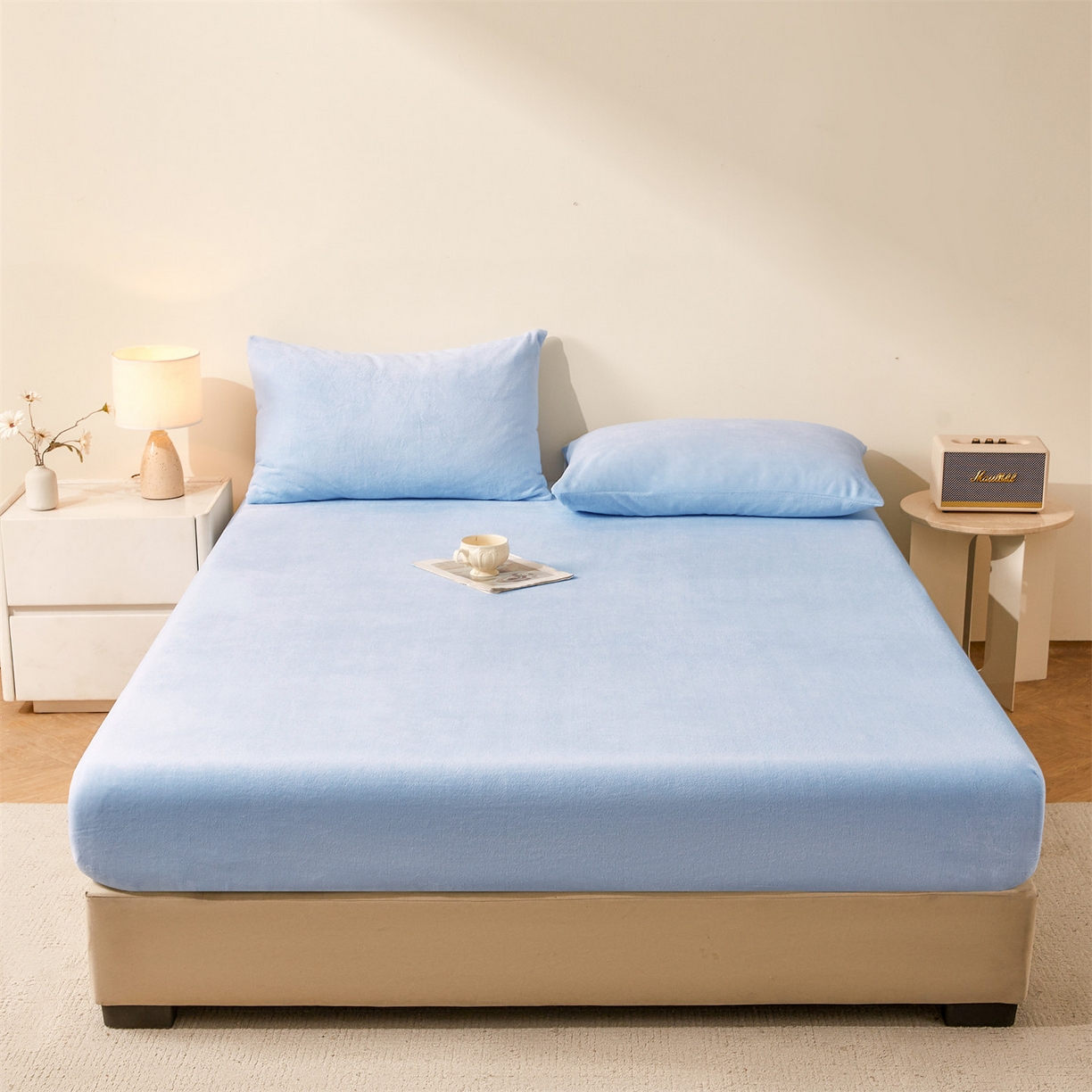 91家纺网 家纺一手货源 找家纺 优眠坊 2025新款单层高克重牛奶绒纯色床笠 星蓝