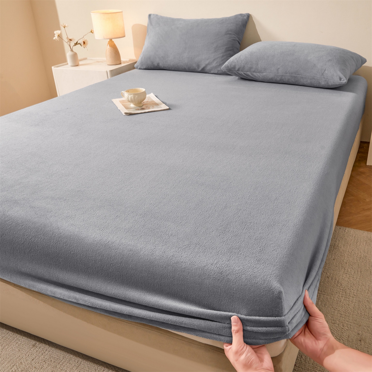 优眠坊 2025新款单层高克重牛奶绒纯色床笠 玛瑙灰