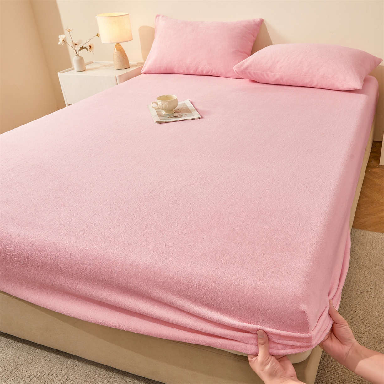 优眠坊 2025新款单层高克重牛奶绒纯色床笠 梦幻粉