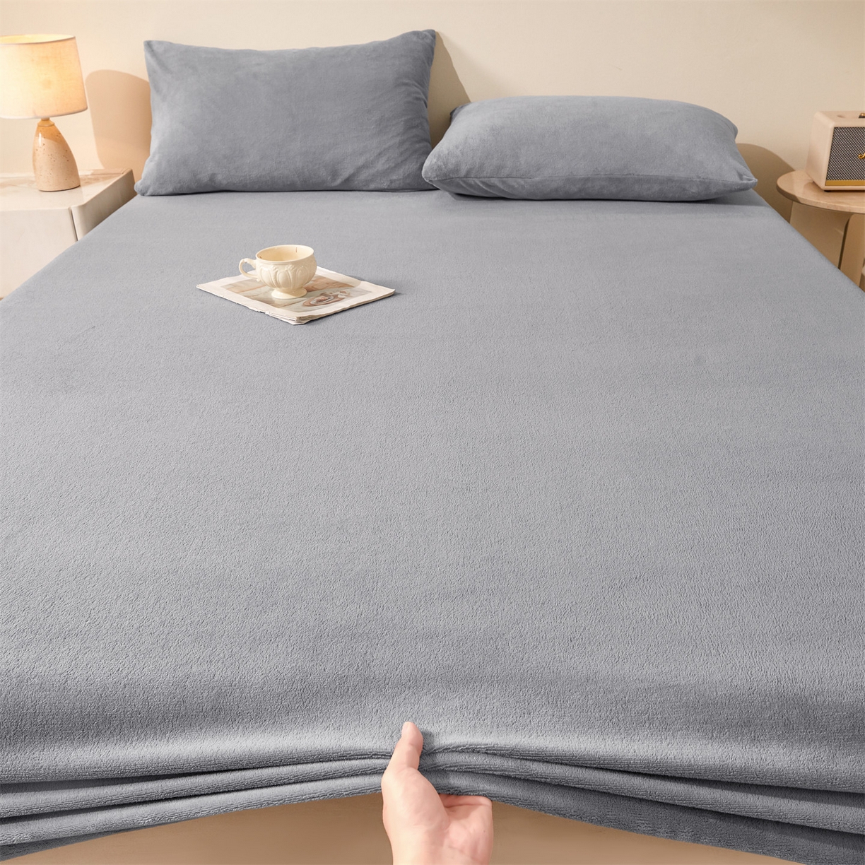 91家纺网 家纺一手货源 找家纺 优眠坊 2025新款单层高克重牛奶绒纯色床笠 玛瑙灰