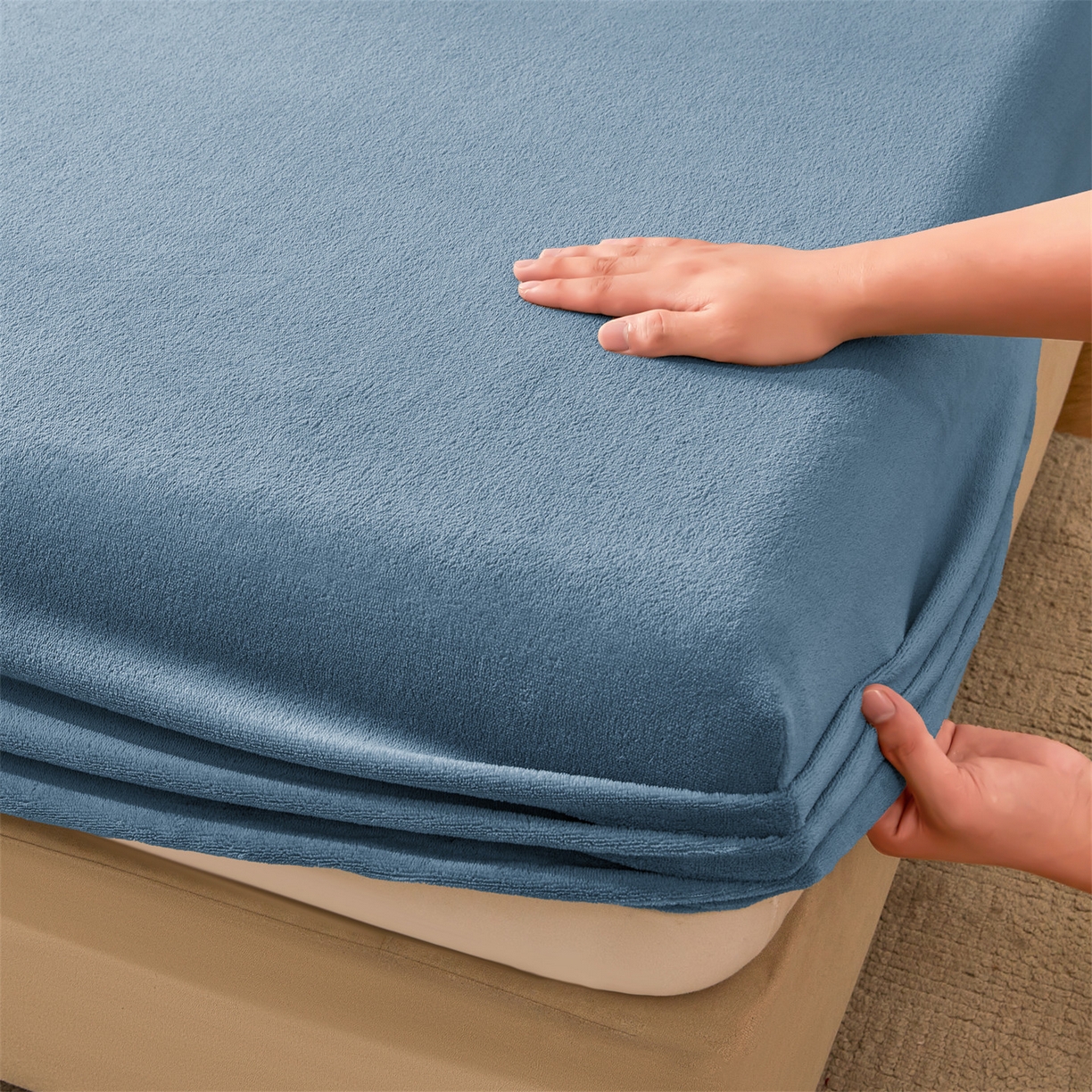 91家纺网 家纺一手货源 找家纺 优眠坊 2025新款单层高克重牛奶绒纯色床笠 鸢尾蓝