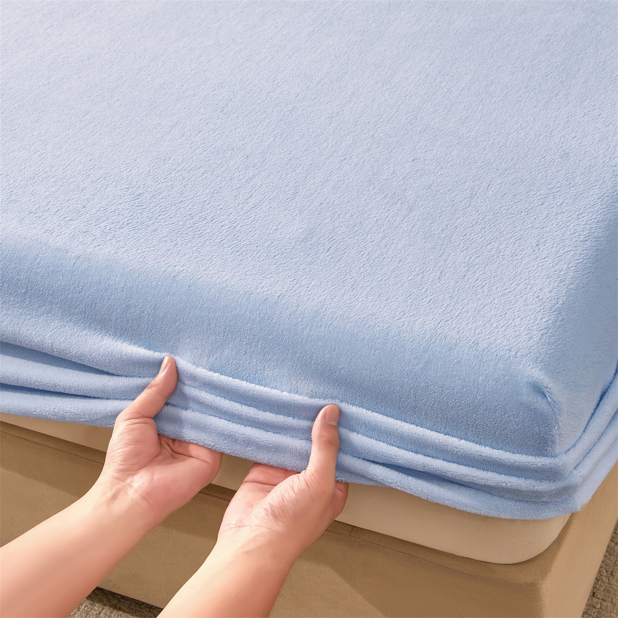 91家纺网 家纺一手货源 找家纺 优眠坊 2025新款单层高克重牛奶绒纯色床笠 星蓝