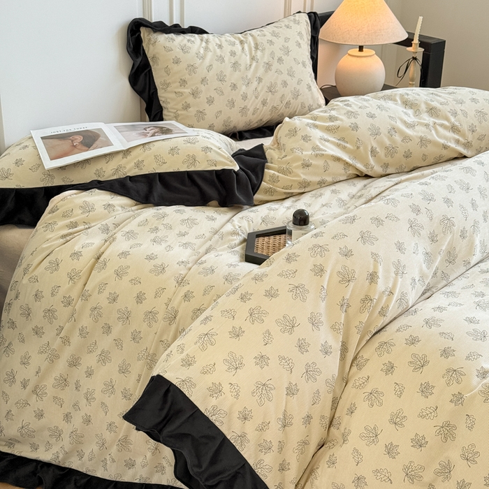 91家纺网 家纺一手货源 找家纺 （总）宅家居 2025新款秋冬爆款轻法式赫本风灯芯绒四件套提花立体韩版花边牛奶绒三件套