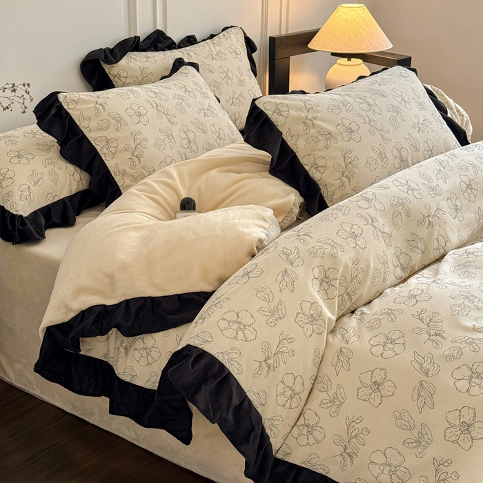 宅家居 2025新款秋冬爆款轻法式赫本风灯芯绒四件套提花立体韩版花边牛奶绒三件套 百合