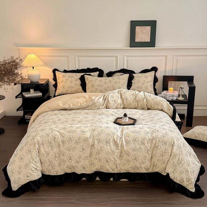 91家纺网 家纺一手货源 找家纺 宅家居 2025新款秋冬爆款轻法式赫本风灯芯绒四件套提花立体韩版花边牛奶绒三件套 百合