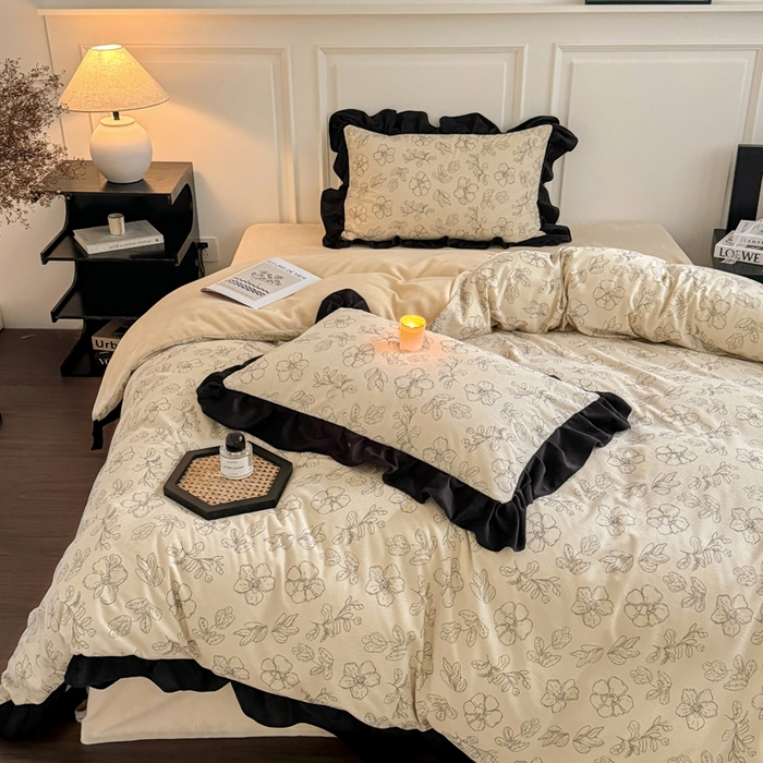 91家纺网 家纺一手货源 找家纺 宅家居 2025新款秋冬爆款轻法式赫本风灯芯绒四件套提花立体韩版花边牛奶绒三件套 百合