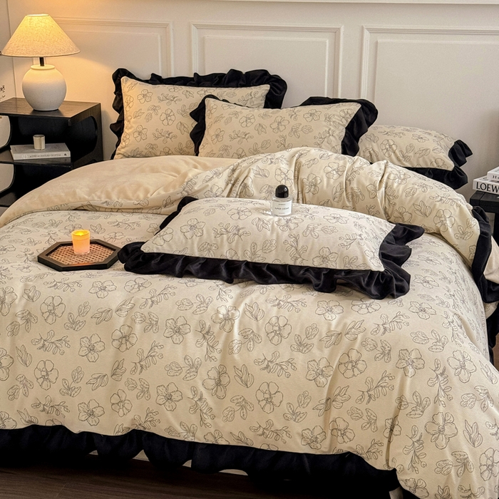 91家纺网 家纺一手货源 找家纺 宅家居 2025新款秋冬爆款轻法式赫本风灯芯绒四件套提花立体韩版花边牛奶绒三件套 百合