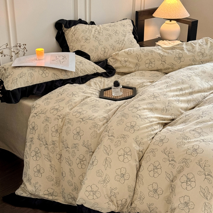 91家纺网 家纺一手货源 找家纺 宅家居 2025新款秋冬爆款轻法式赫本风灯芯绒四件套提花立体韩版花边牛奶绒三件套 百合