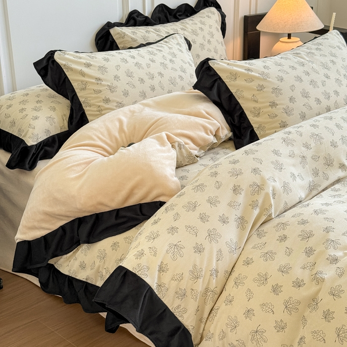 91家纺网 家纺一手货源 找家纺 宅家居 2025新款秋冬爆款轻法式赫本风灯芯绒四件套提花立体韩版花边牛奶绒三件套 繁花