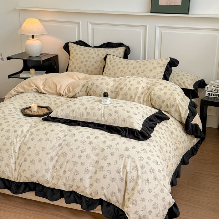 91家纺网 家纺一手货源 找家纺 宅家居 2025新款秋冬爆款轻法式赫本风灯芯绒四件套提花立体韩版花边牛奶绒三件套 繁花