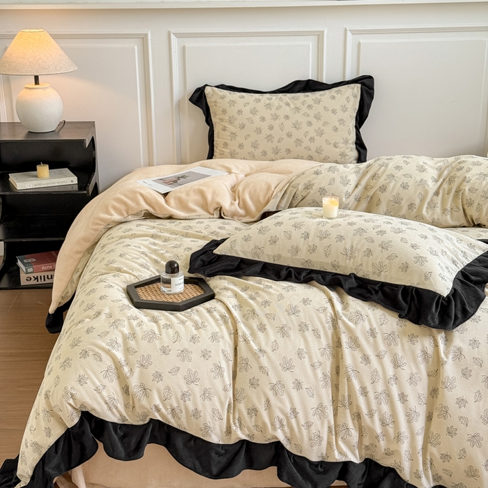 91家纺网 家纺一手货源 找家纺 宅家居 2025新款秋冬爆款轻法式赫本风灯芯绒四件套提花立体韩版花边牛奶绒三件套 繁花