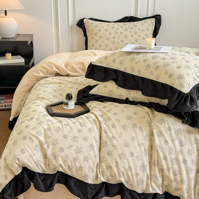 91家纺网 家纺一手货源 找家纺 宅家居 2025新款秋冬爆款轻法式赫本风灯芯绒四件套提花立体韩版花边牛奶绒三件套 繁花