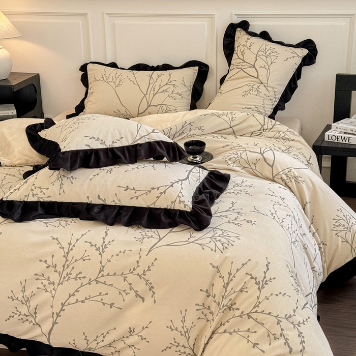 91家纺网 家纺一手货源 找家纺 宅家居 2025新款秋冬爆款轻法式赫本风灯芯绒四件套提花立体韩版花边牛奶绒三件套 花枝