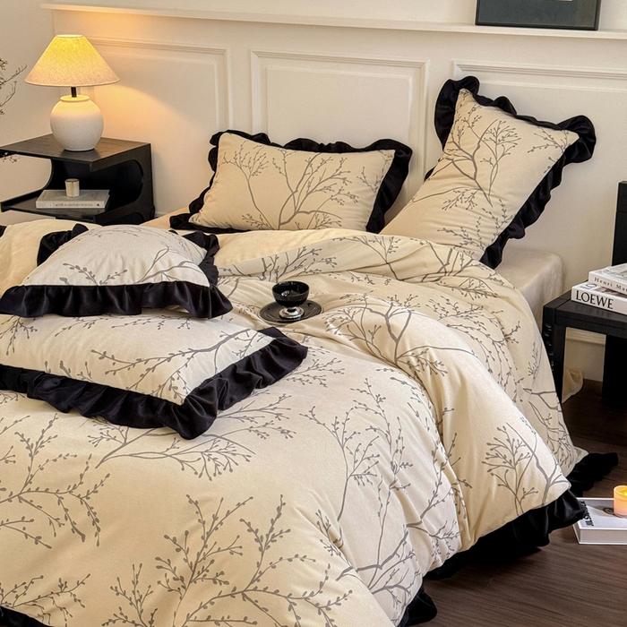 91家纺网 家纺一手货源 找家纺 宅家居 2025新款秋冬爆款轻法式赫本风灯芯绒四件套提花立体韩版花边牛奶绒三件套 花枝