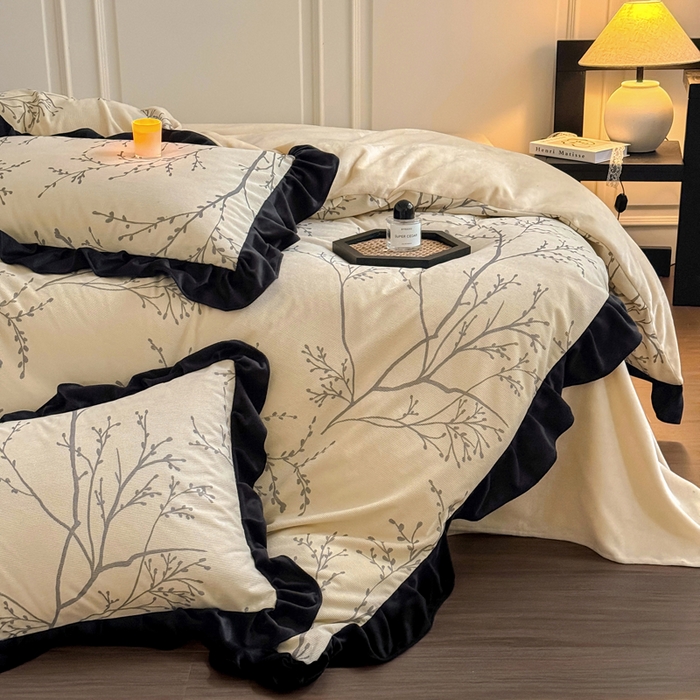 91家纺网 家纺一手货源 找家纺 宅家居 2025新款秋冬爆款轻法式赫本风灯芯绒四件套提花立体韩版花边牛奶绒三件套 花枝