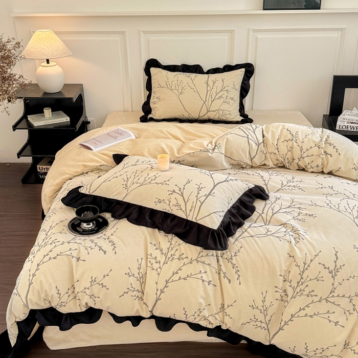 91家纺网 家纺一手货源 找家纺 宅家居 2025新款秋冬爆款轻法式赫本风灯芯绒四件套提花立体韩版花边牛奶绒三件套 花枝