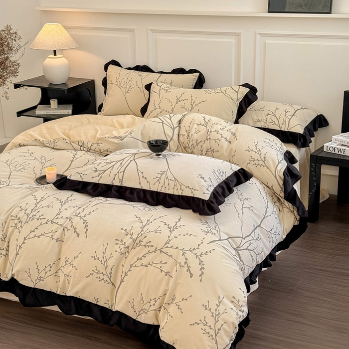 91家纺网 家纺一手货源 找家纺 宅家居 2025新款秋冬爆款轻法式赫本风灯芯绒四件套提花立体韩版花边牛奶绒三件套 花枝