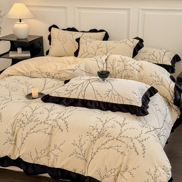 91家纺网 家纺一手货源 找家纺 宅家居 2025新款秋冬爆款轻法式赫本风灯芯绒四件套提花立体韩版花边牛奶绒三件套 花枝